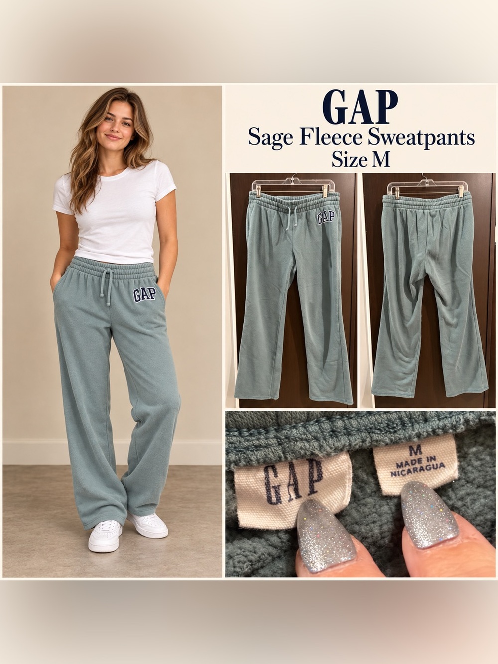 GAP Sage Green Wide Leg Fleece Sweatpants - Women's